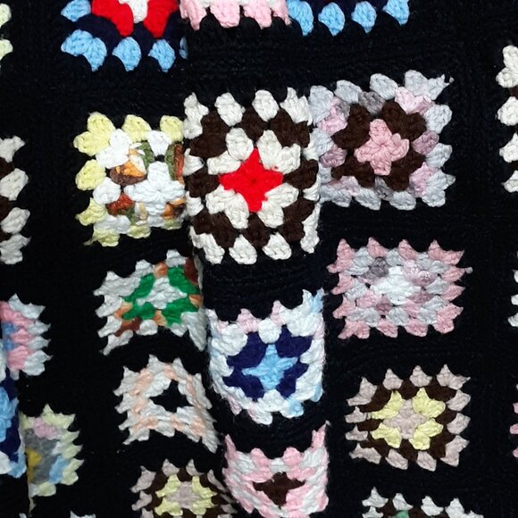 Colorful Hand-Crocheted Granny Square Blanket Multicolored Squares on Black Back - Picture 3 of 8